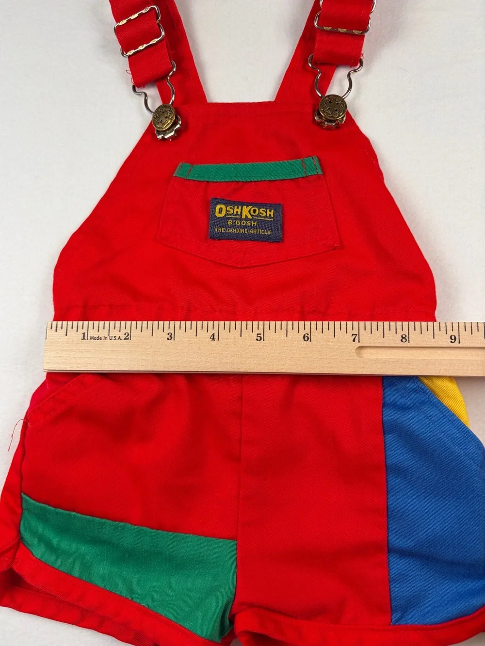 Vintage Oshkosh Primary Color Block Short Overalls Shortalls Romper USA Made 12M